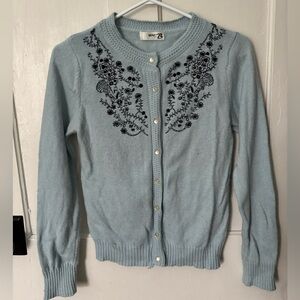 Women's Blue Embroidered Vintage Style Cardigan - note tiny stain